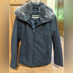 Black Jacket with Faux Fur Trim and Weather-Resistant Material